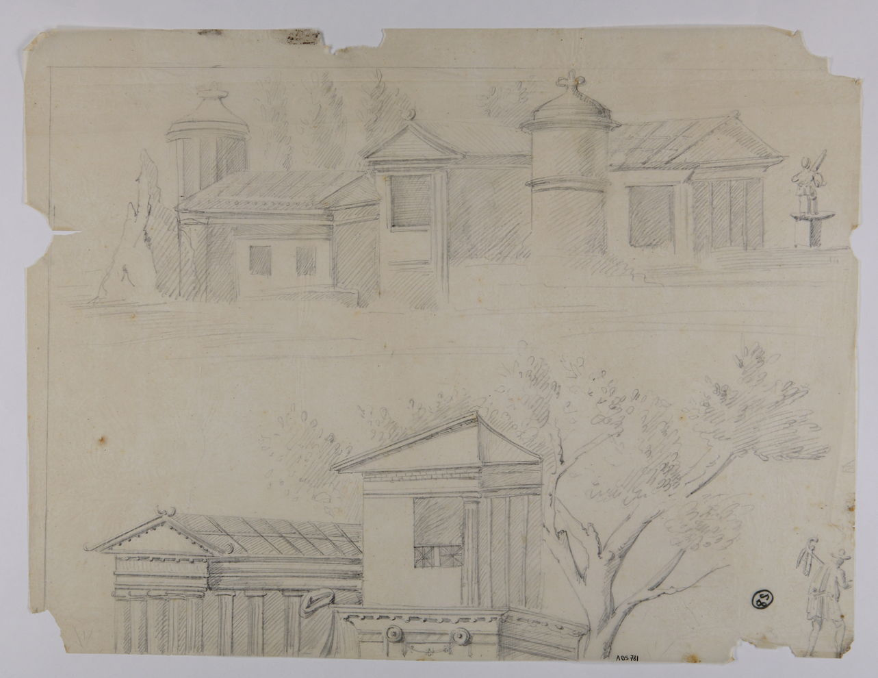 paesaggio con architetture (disegno) - ambito napoletano (seconda metà sec. XIX)