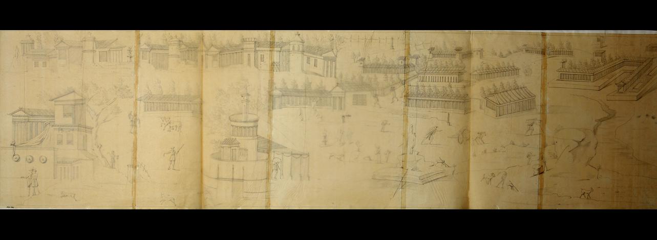 paesaggio con architetture (disegno) - ambito napoletano (seconda metà sec. XIX)