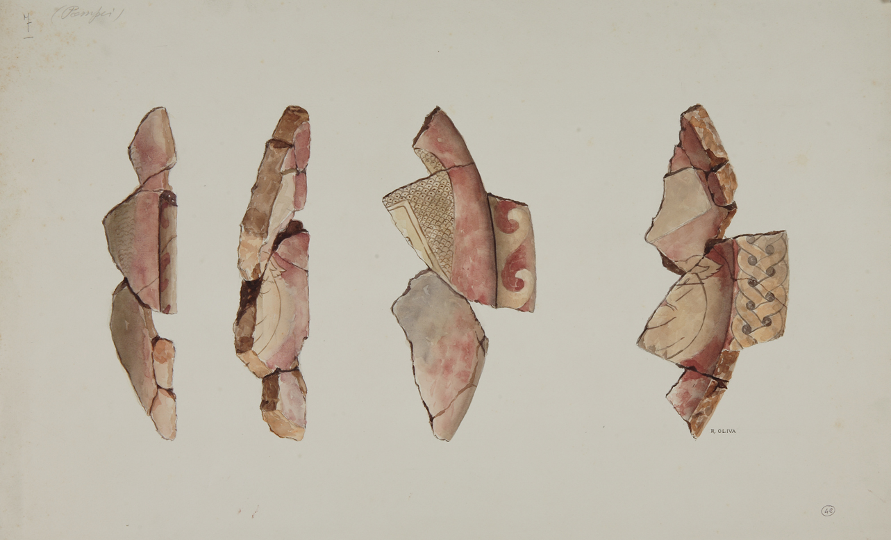 frammenti di elementi decorativi fittili (disegno) di Oliva R (prima metà sec. XX)