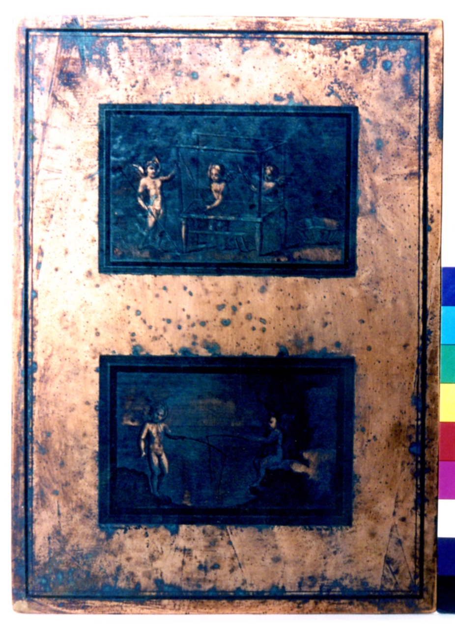 scene di genere: amorini che intrecciano ghirlande/ amorini che pescano (matrice) di Cesarano Niccolò, Vanni Nicola (secc. XVIII/ XIX)
