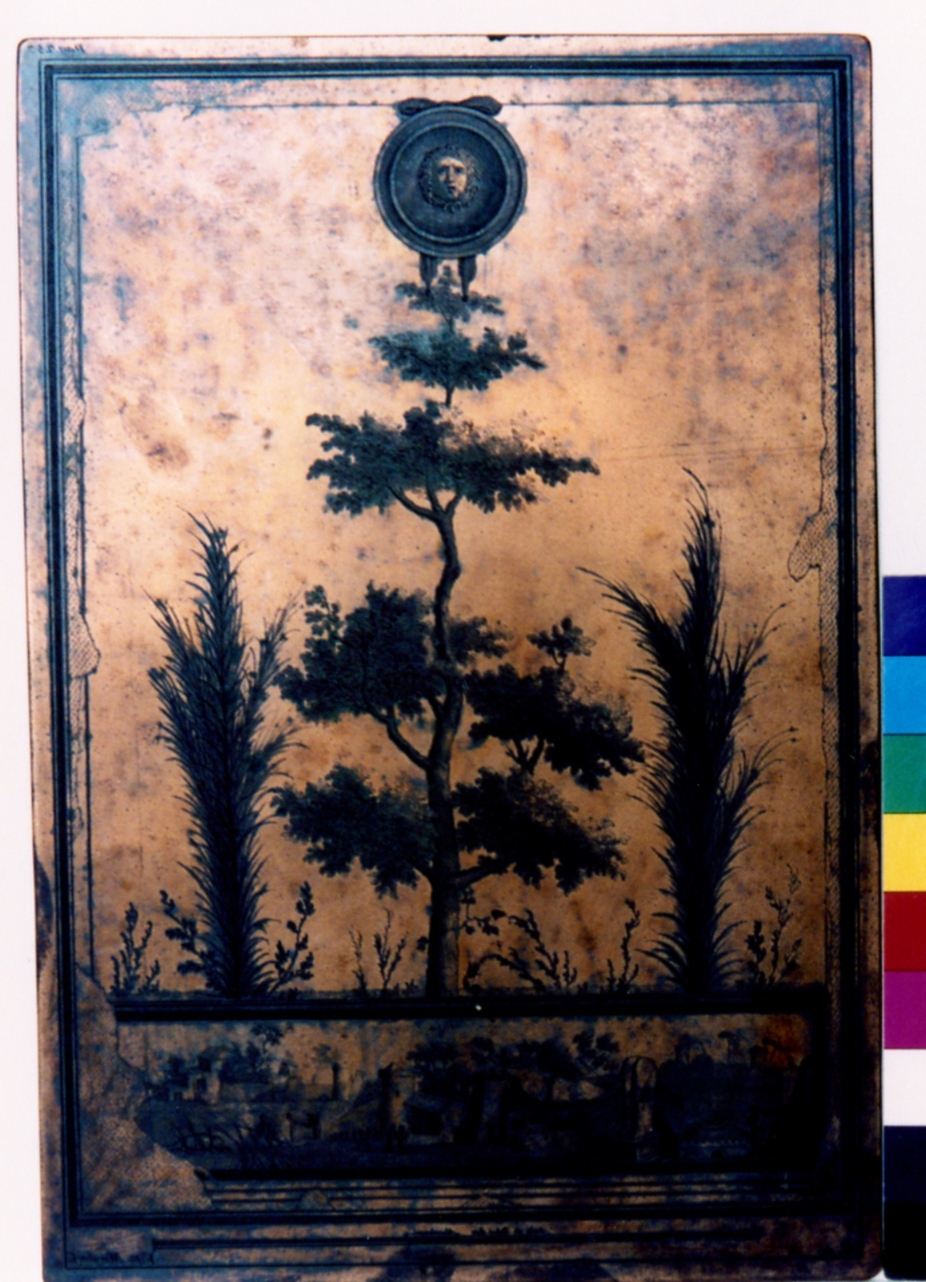 oscillum con gorgone/ paesaggio nilotico (matrice) di Morghen Filippo, Paderni Camillo (sec. XVIII)