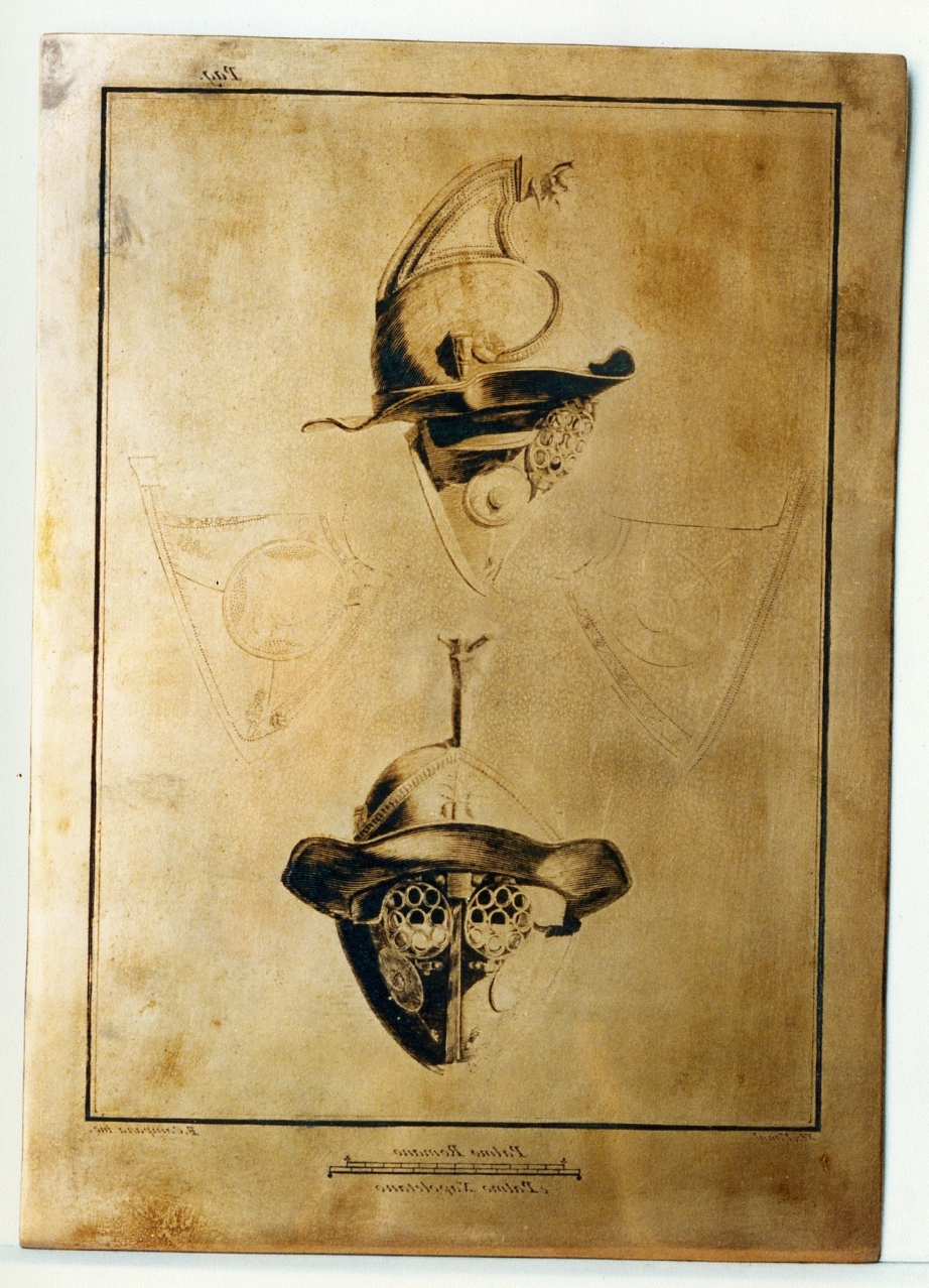 elmo di bronzo e particolari: veduta frontale e laterale (matrice) di Campana Ferdinando, Vanni Nicola (sec. XVIII)