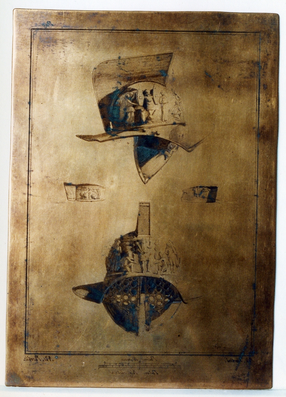 elmo gladiatorio di bronzo e particolari: veduta frontale e laterale (matrice) di Vanni Nicola, Fiorillo Nicola (sec. XVIII)