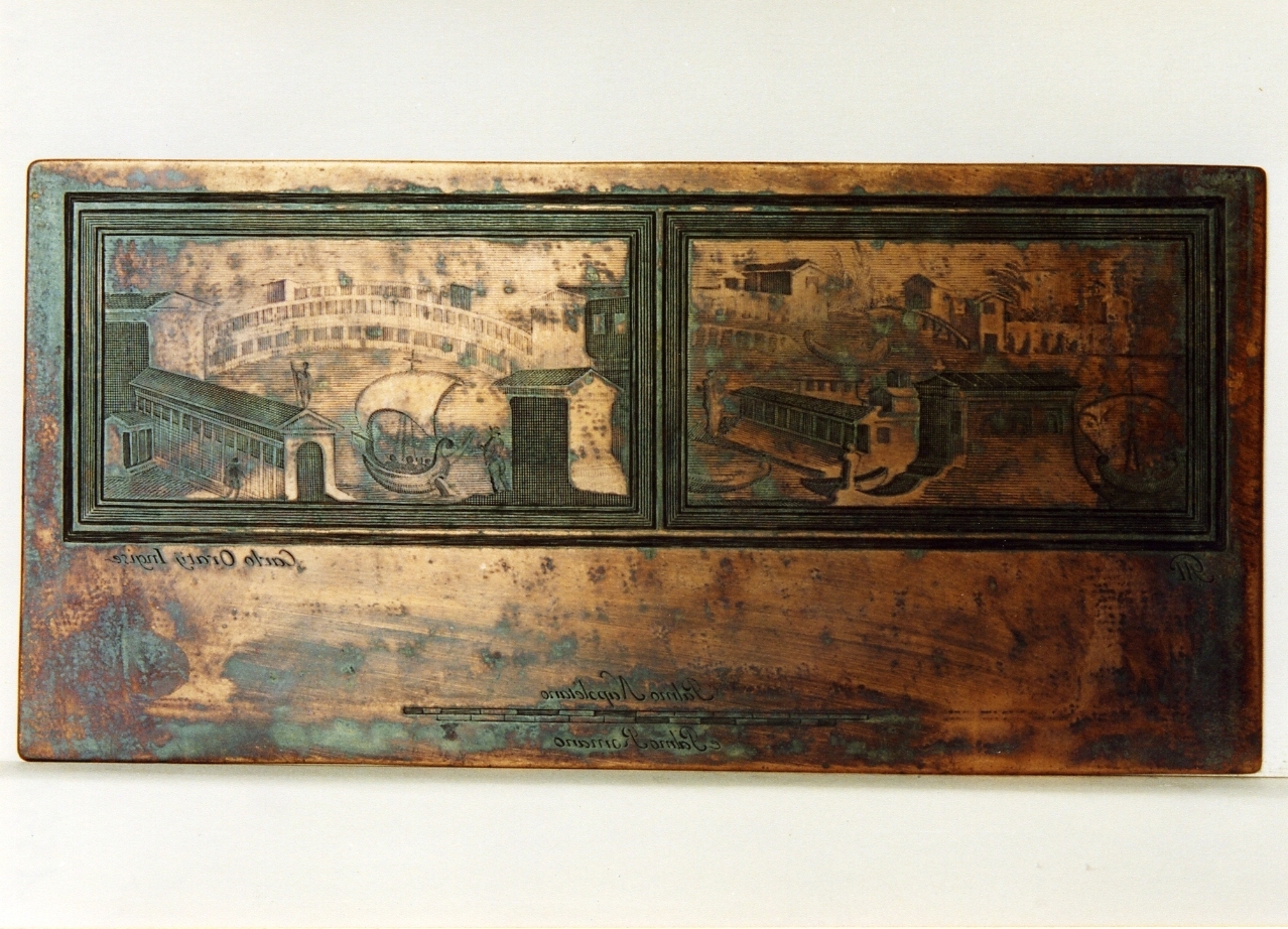 due pannelli con paesaggi marini, architetture e figure (matrice) di Orazi Carlo, Morghen Giovanni Elia (sec. XVIII)