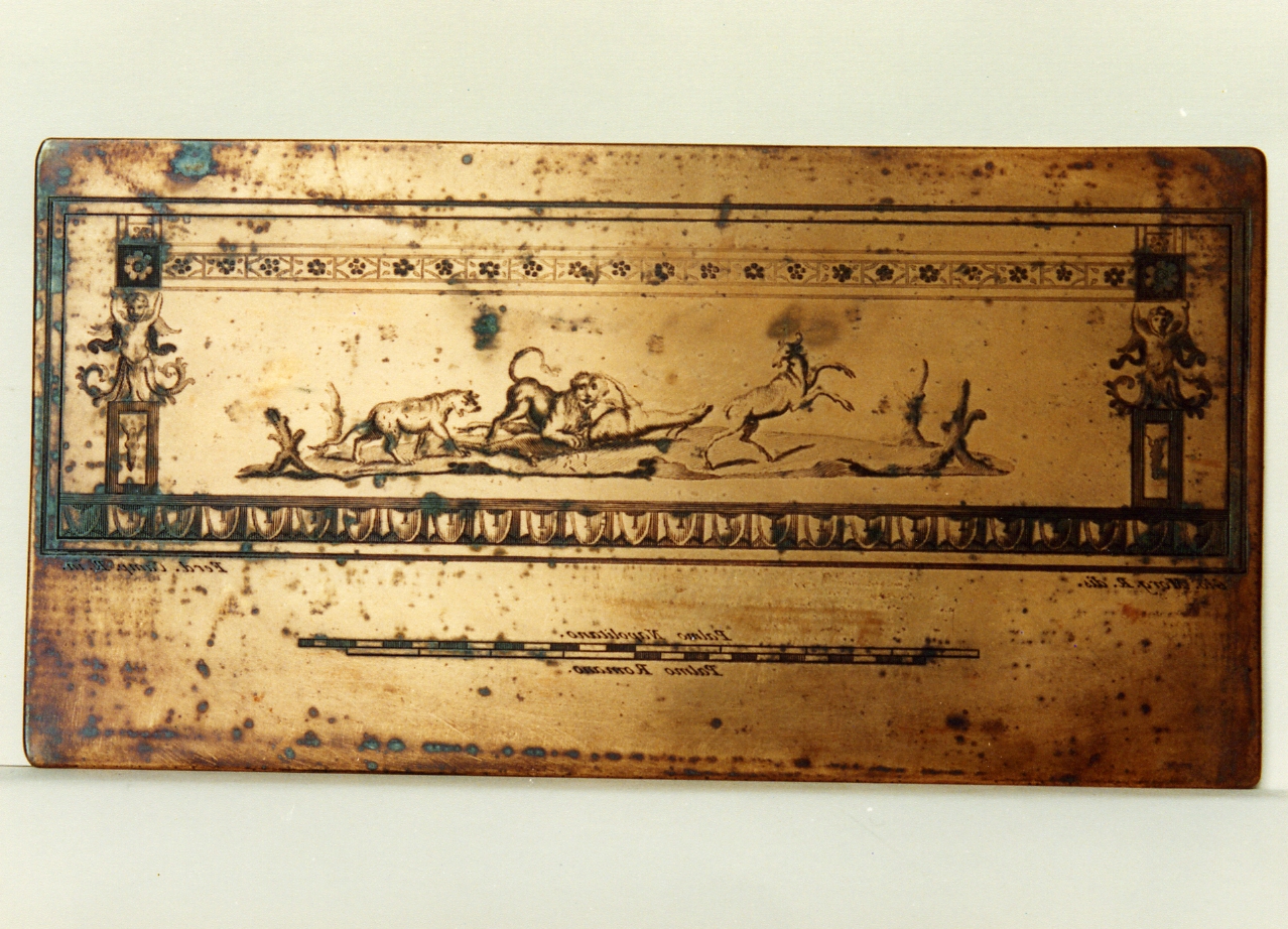 pannello con motivi decorativi e scena di caccia (matrice) di Morghen Giovanni Elia, Campana Ferdinando (sec. XVIII)
