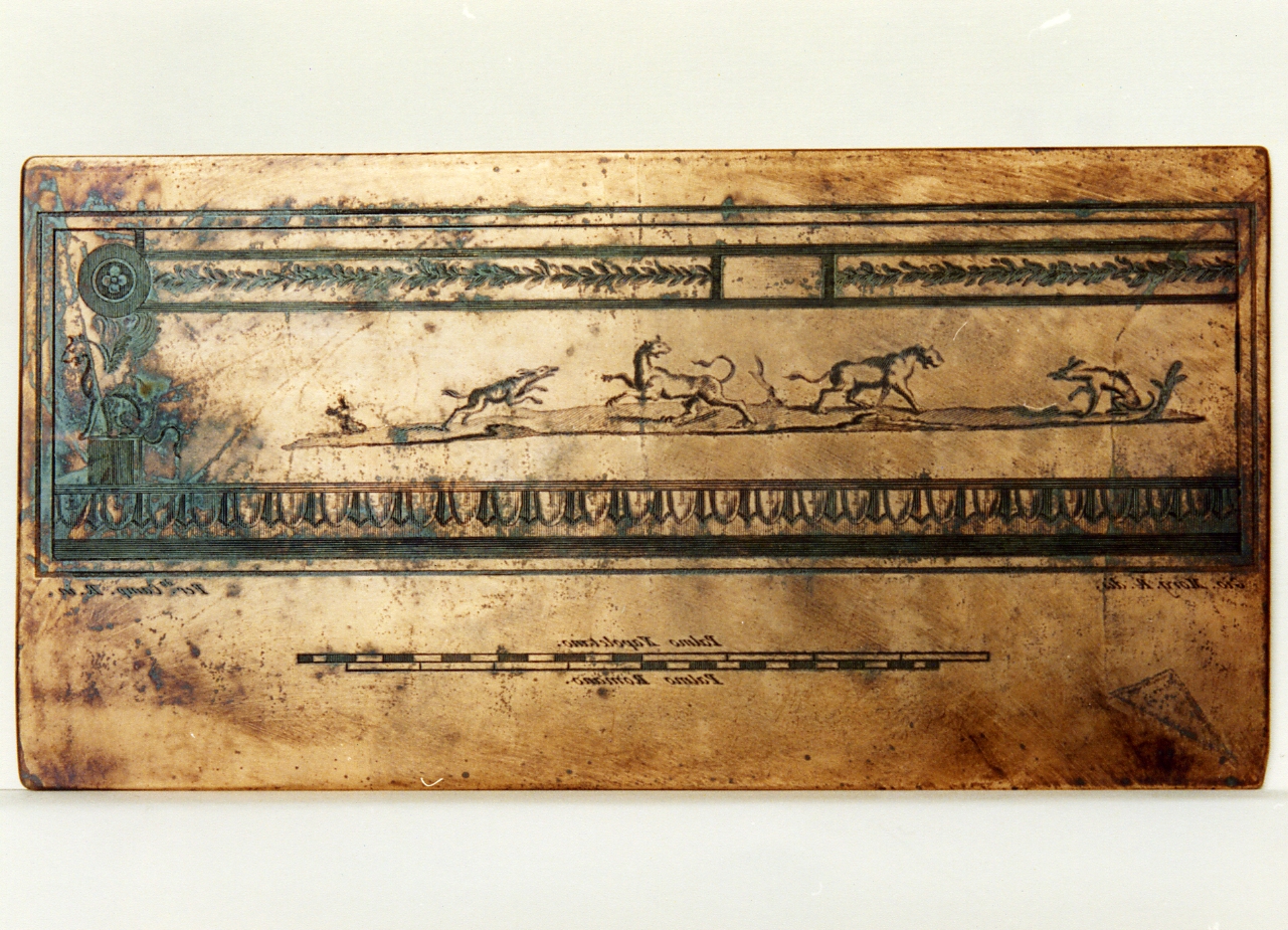pannello con motivi decorativi e scena di caccia (matrice) di Morghen Giovanni Elia, Campana Ferdinando (sec. XVIII)