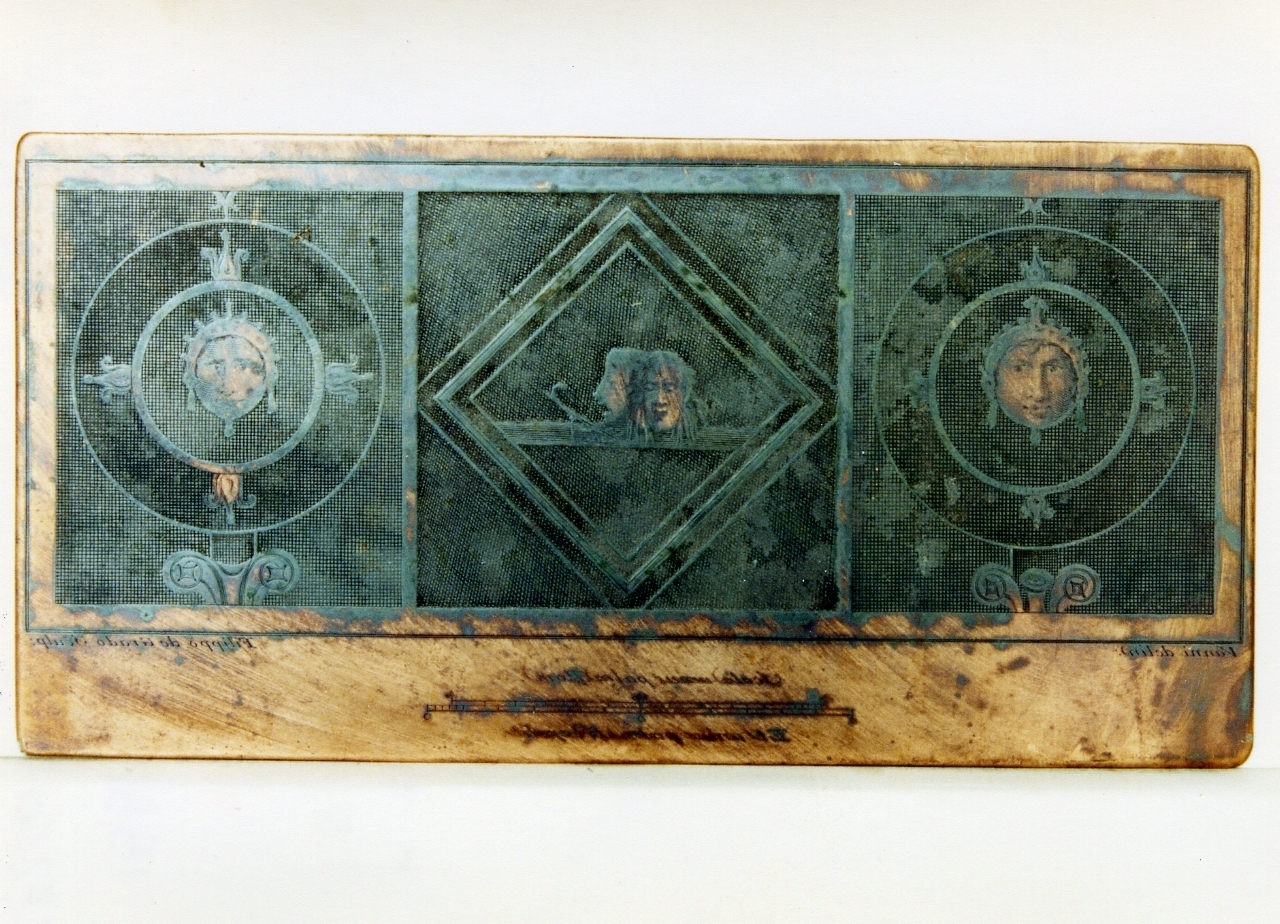 motivi decorativi: mascherette dionisiache entro medaglioni e riquadro (matrice) di Vanni Nicola, De Grado Filippo (sec. XVIII)