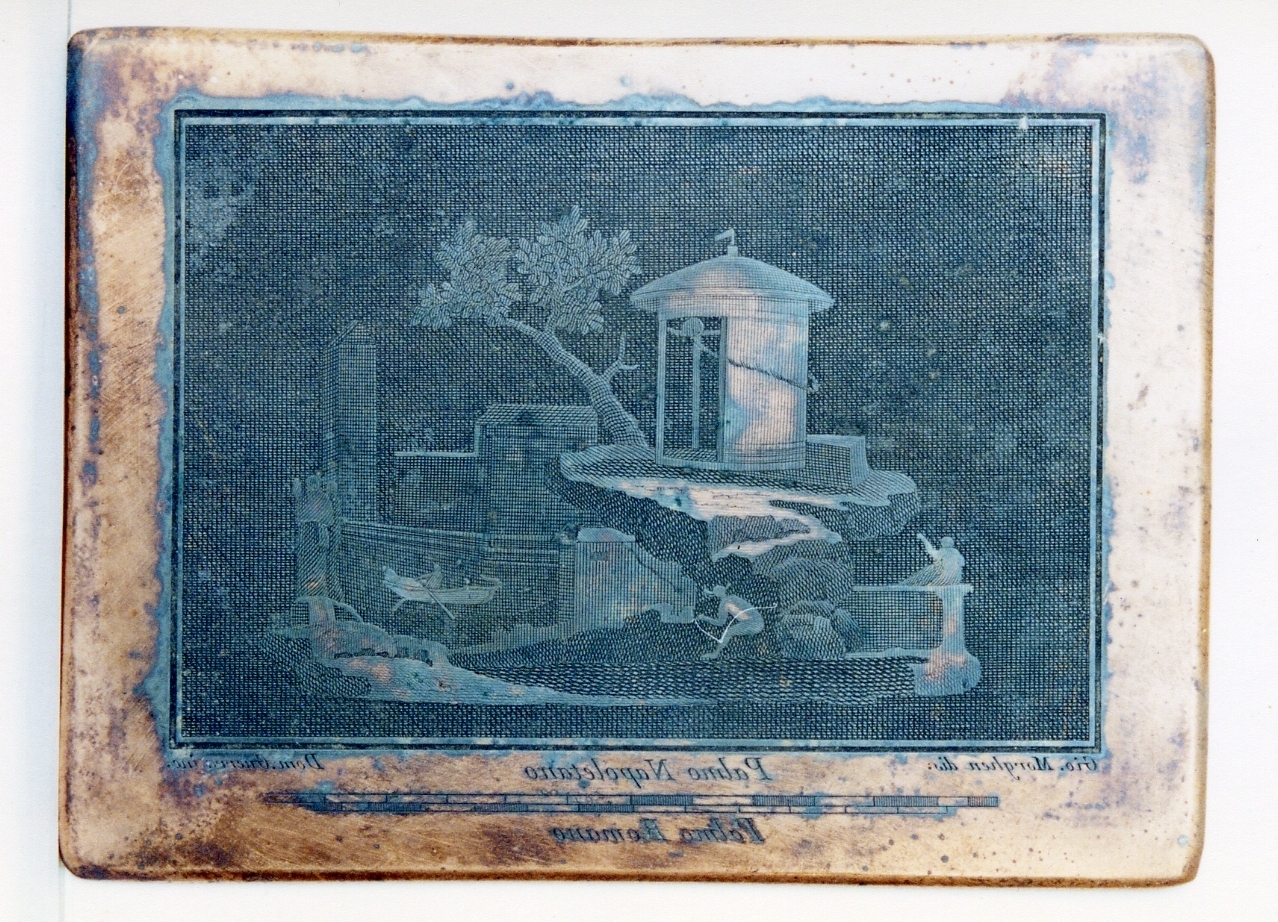 paesaggio marino con sacello e figure (matrice) di Guerra Domenico, Morghen Giovanni Elia (sec. XVIII)