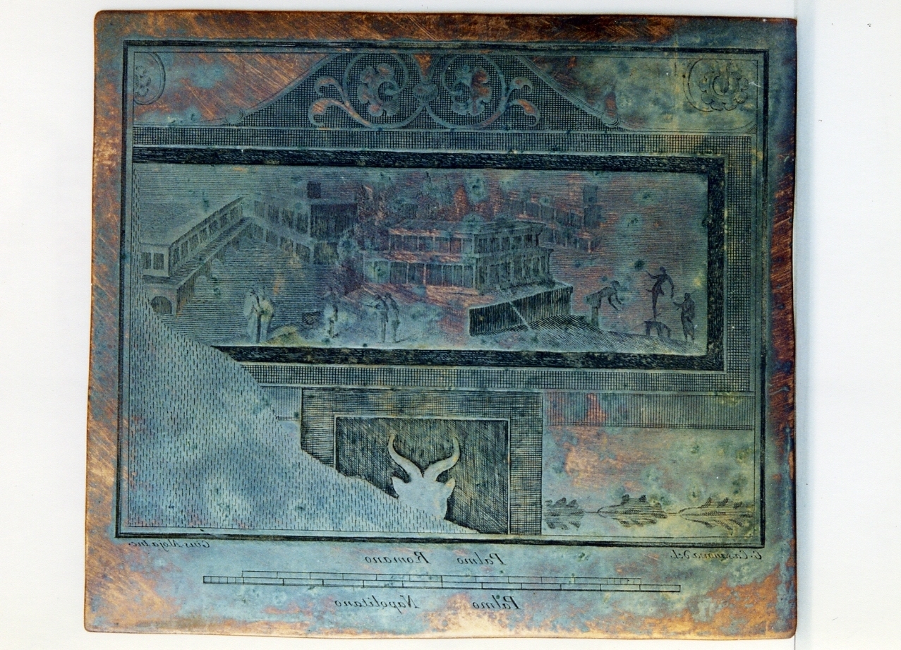 paesaggio marino con architetture e figure/ motivi decorativi ed elementivegetali (matrice) di Alloja Giuseppe (sec. XVIII)
