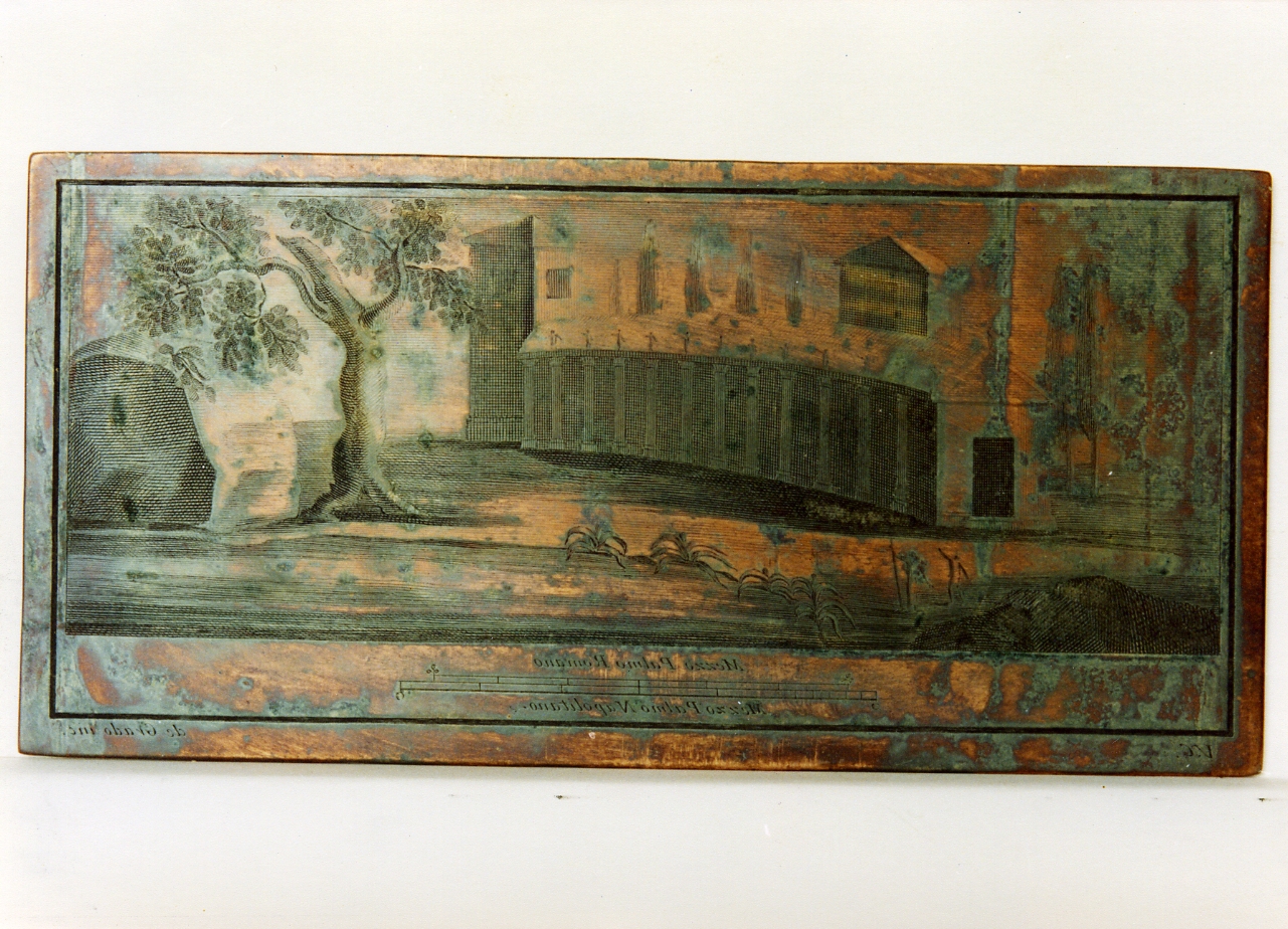 paesaggio con architettura ( probabilmente una basilica) (matrice) di De Grado Filippo, Campana Vincenzo (sec. XVIII)