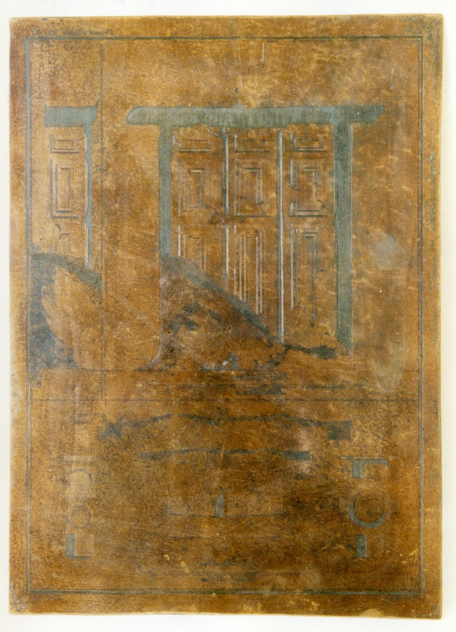 tempio di Iside: porta, prospetto e sezione con tracce di lapillo (matrice) di La Vega Francesco, Nolli Carlo (secc. XVIII/ XIX)