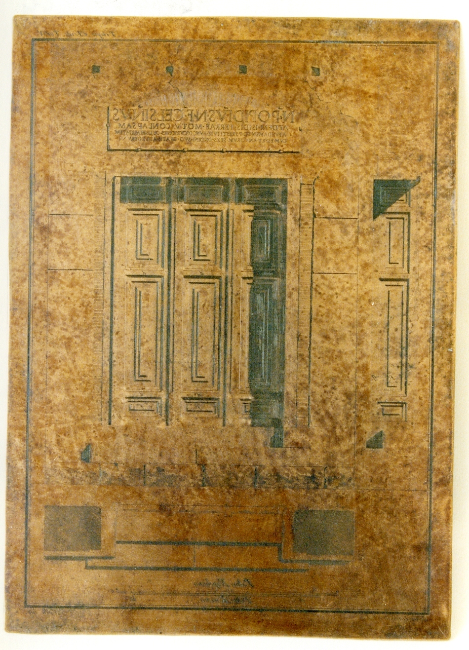 tempio di Iside: prospetto e sezione di parete e porta (matrice) di La Vega Francesco, Nolli Carlo (sec. XVIII)