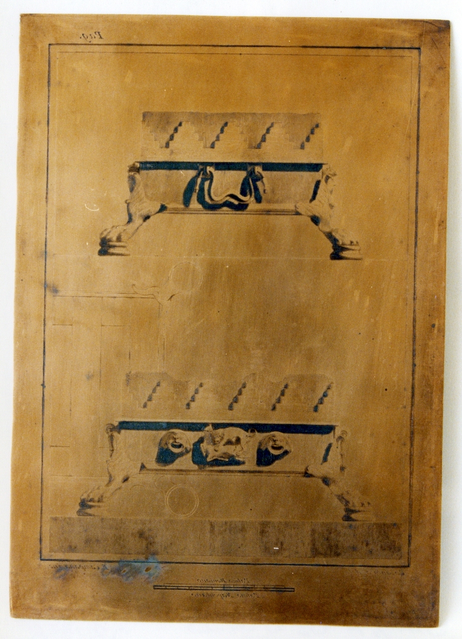 tempio di Iside: prospetti e sezioni di braciere di bronzo (matrice) di Casanova Giovanni Battista, Cataneo Aniello (sec. XVIII)