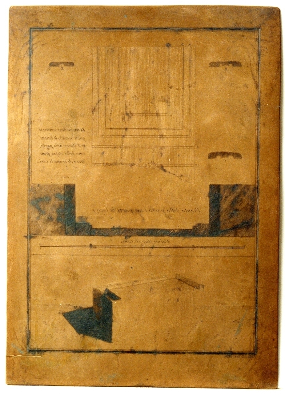 tempio di Iside: sezione e rilievo di porta/ cassetta (matrice) di La Vega Francesco, Alloja Giuseppe (sec. XVIII)