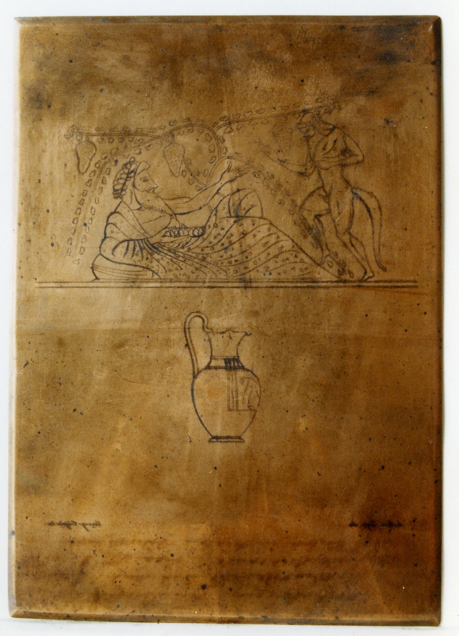 oinochoe e particolare con la raffigurazione di Dioniso disteso e satiro (matrice) di Russo Andrea, Crispino Vincenzo (sec. XIX)