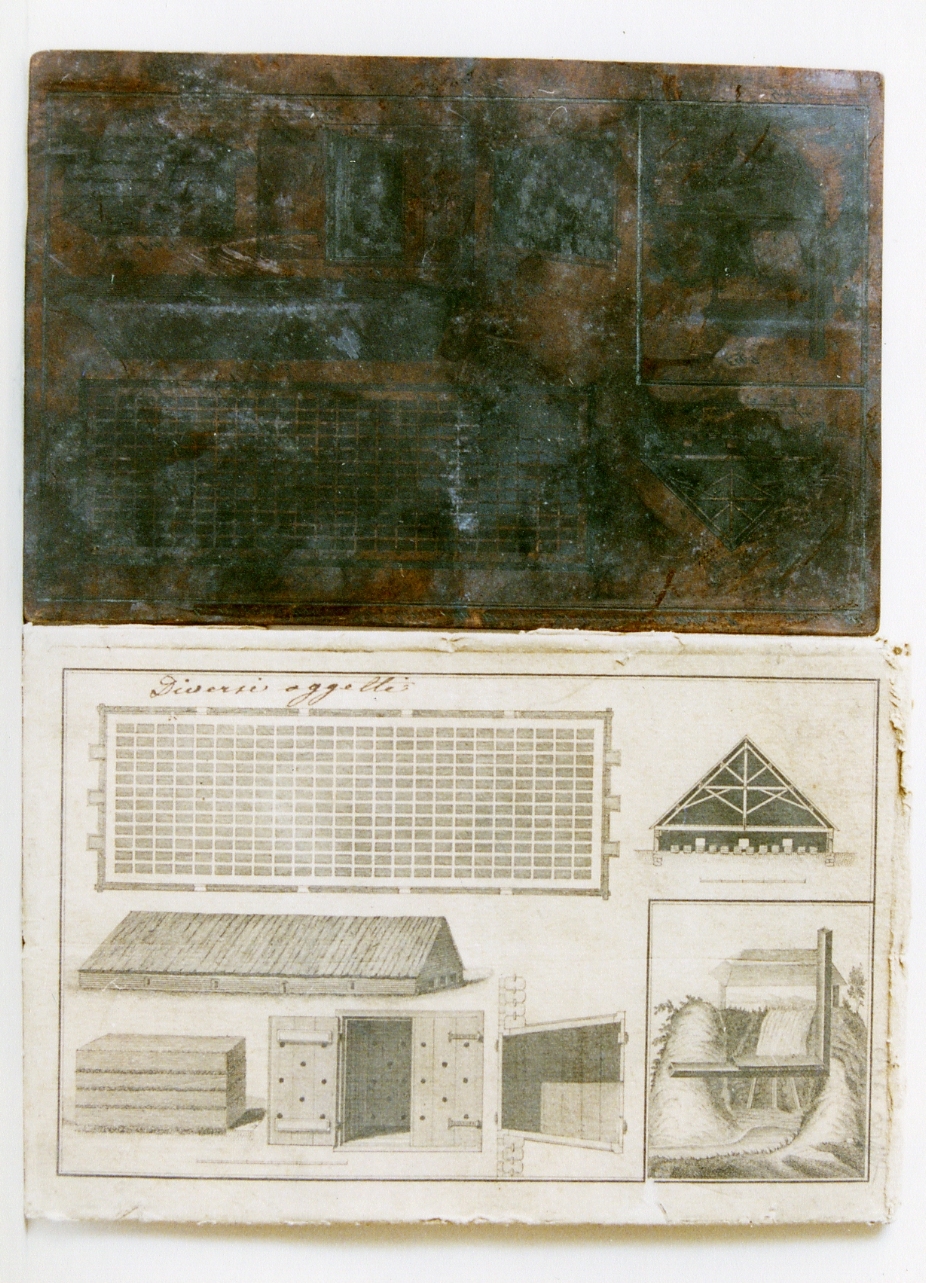 piante, sezione e prospetti di un grande granaio, figure relative a unamemoria del conte di Milly (matrice) di Azzerboni Giuseppe (sec. XIX)