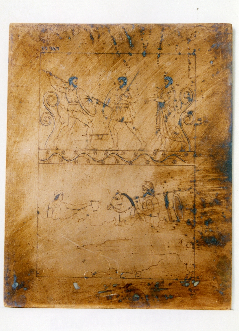 scena di guerra dipinta su vaso di Paestum (matrice) - ambito napoletano, ambito napoletano (sec. XIX)
