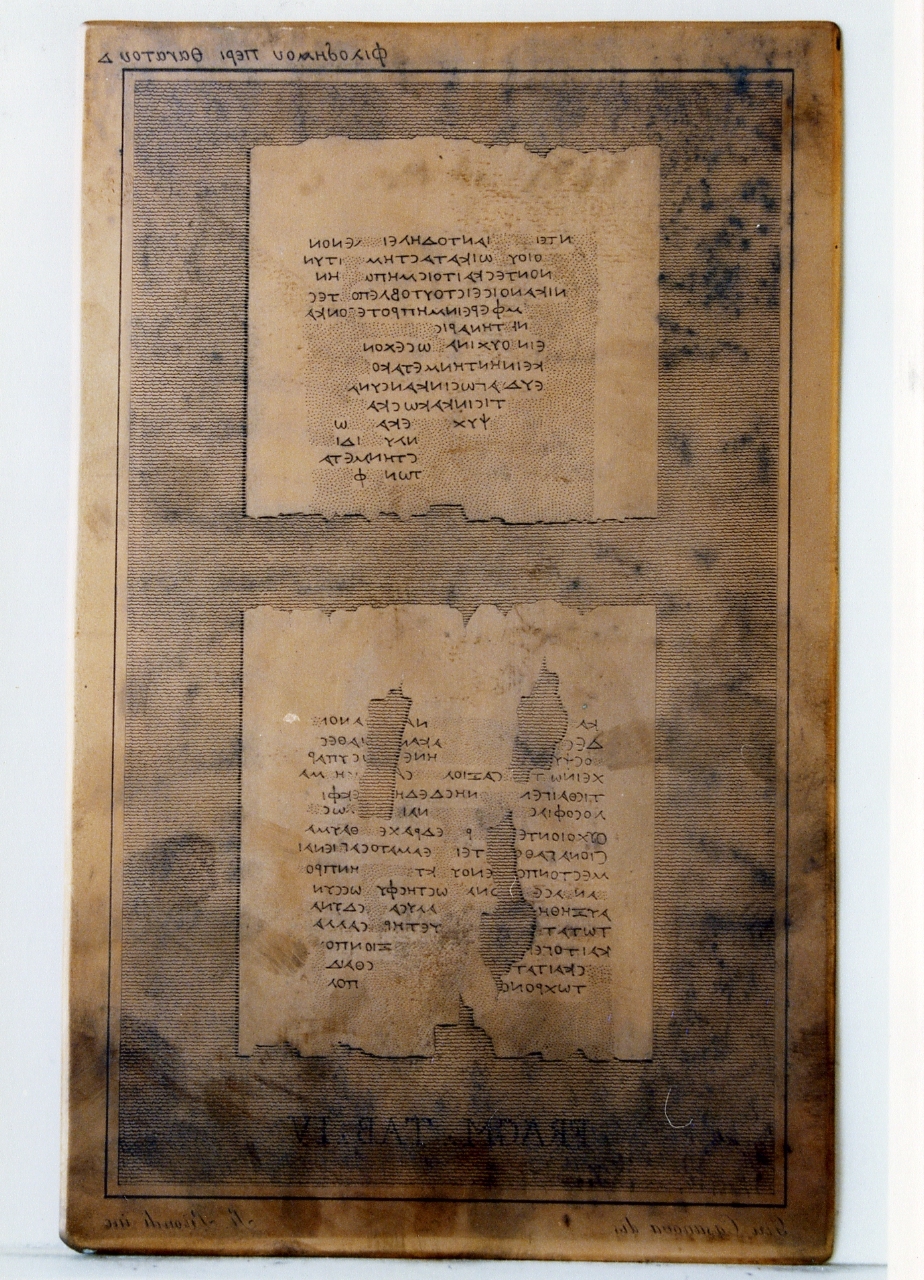 testo greco da Filodemo «della morte»: fragm. tab. IV (matrice) di Casanova Giuseppe, Biondi Raffaele (sec. XIX)