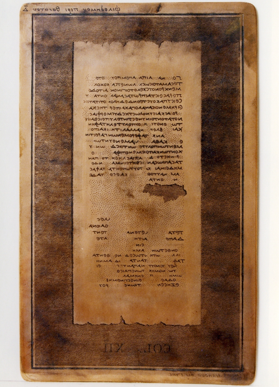 testo greco da Filodemo «della morte»: col. XII (matrice) di Casanova Giuseppe (sec. XIX)