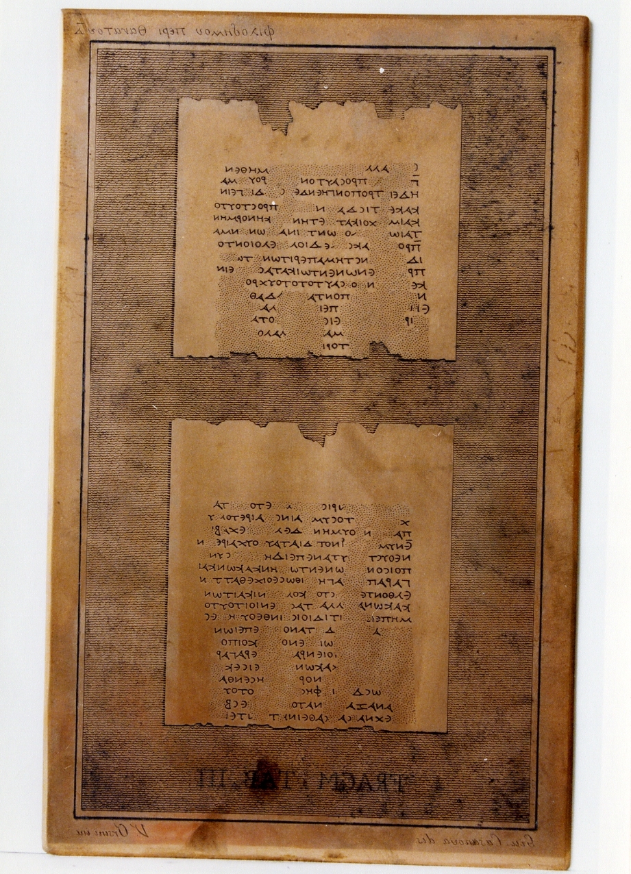testo greco da Filodemo «della morte»: fragm. tab. III (matrice) di Casanova Giuseppe, Orsini Vincenzo (sec. XIX)