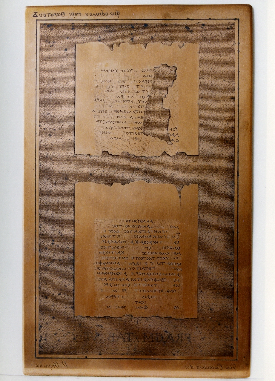 testo greco da Filodemo «della morte»: fragm. tab. VII (matrice) di Orsini Vincenzo, Casanova Giuseppe (sec. XIX)