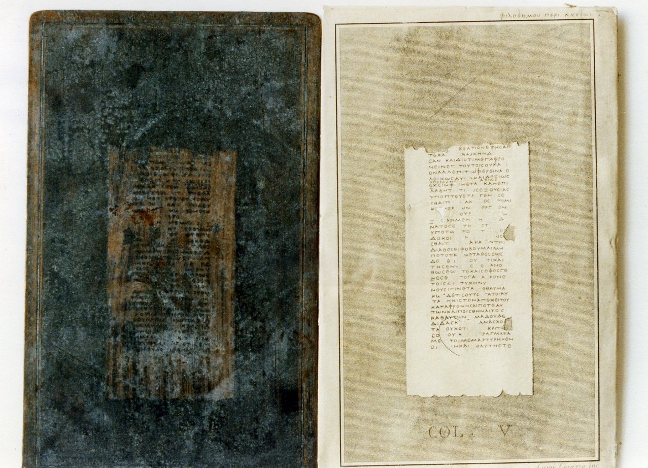 testo greco da Filodemo «dei vizi»: col. V (matrice) di Casanova Gennaro, Corazza Luigi (sec. XIX)