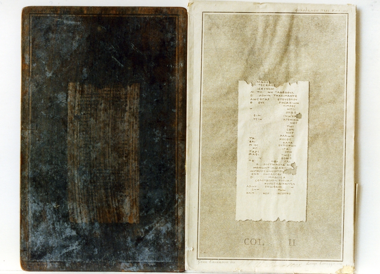 testo greco da Filodemo «dei vizi»: col. II (matrice) di Casanova Gennaro, Corazza Luigi (sec. XIX)