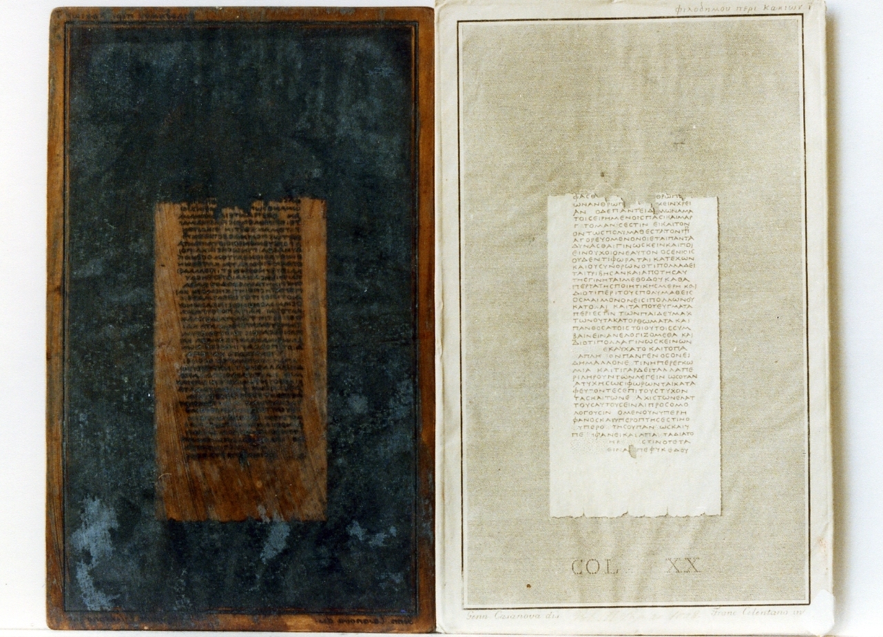 testo greco da Filodemo «dei vizi»: col. XX (matrice) di Casanova Gennaro, Celentano Francesco (sec. XIX)