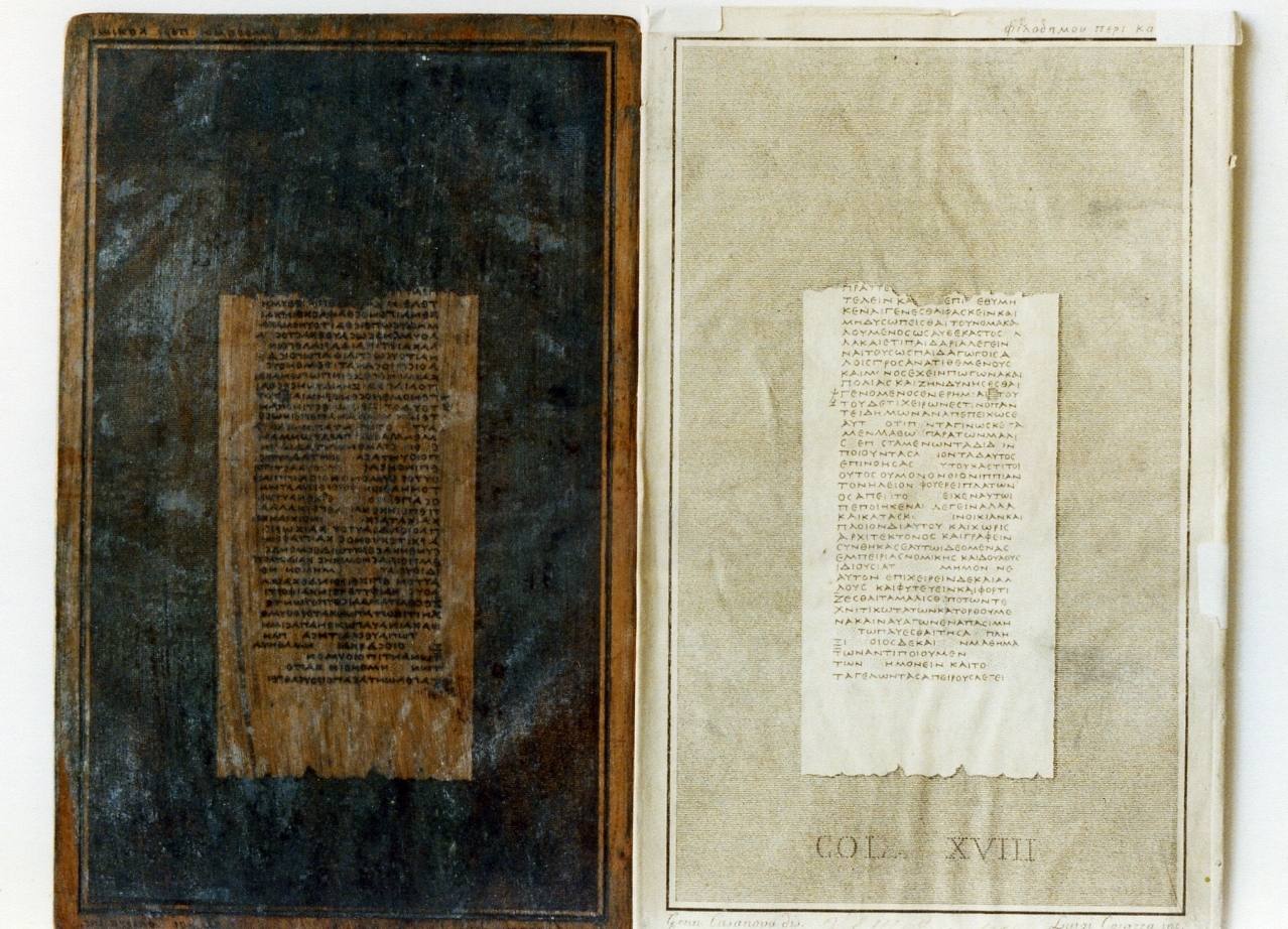 testo greco da Filodemo «dei vizi»: col. XVIII (matrice) di Casanova Gennaro, Corazza Luigi (sec. XIX)