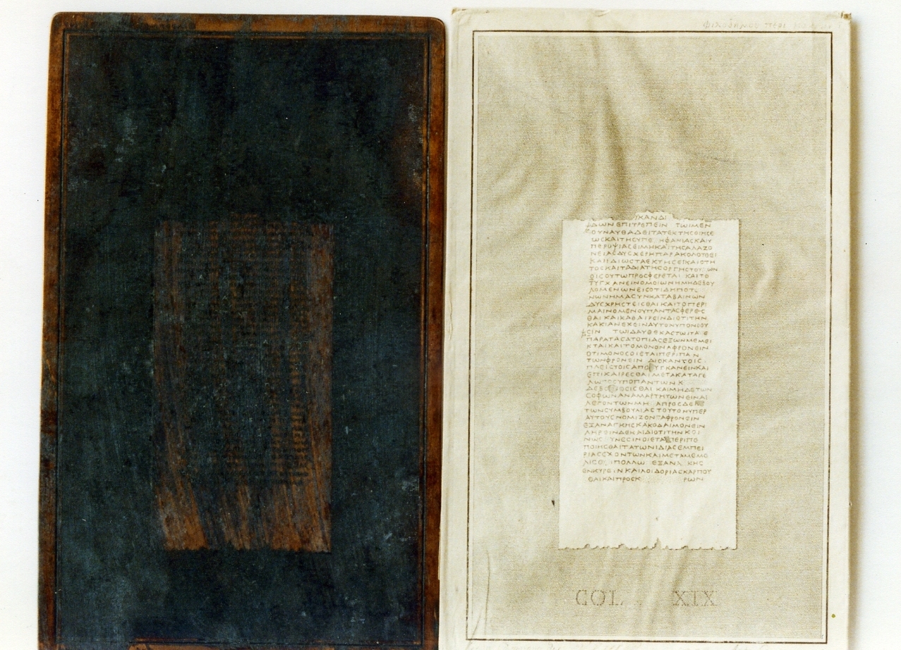 testo greco da Filodemo «dei vizi»: col. XIX (matrice) di Casanova Antonio, Casanova Gennaro (sec. XIX)