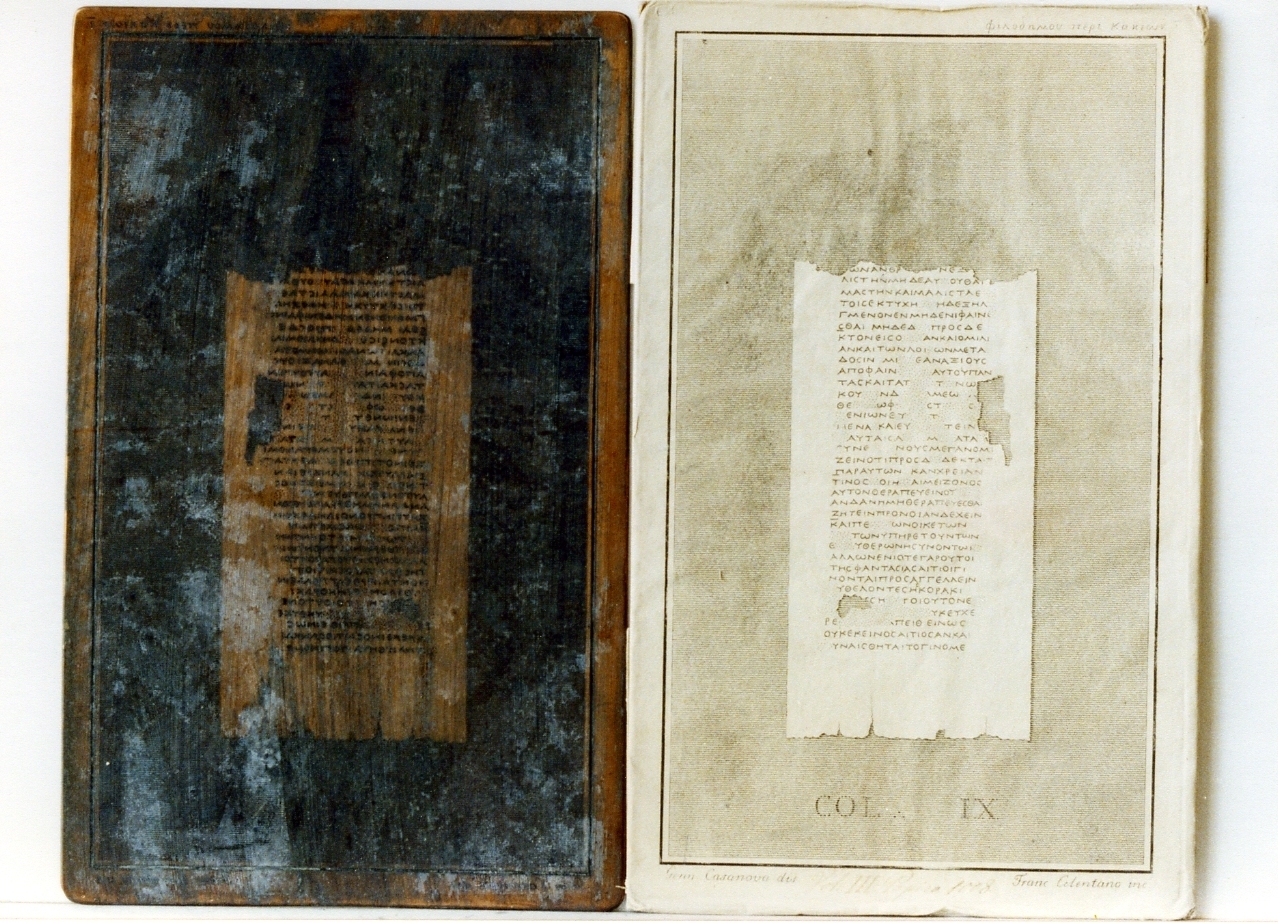 testo greco da Filodemo «dei vizi»: col. IX (matrice) di Celentano Francesco, Casanova Gennaro (sec. XIX)