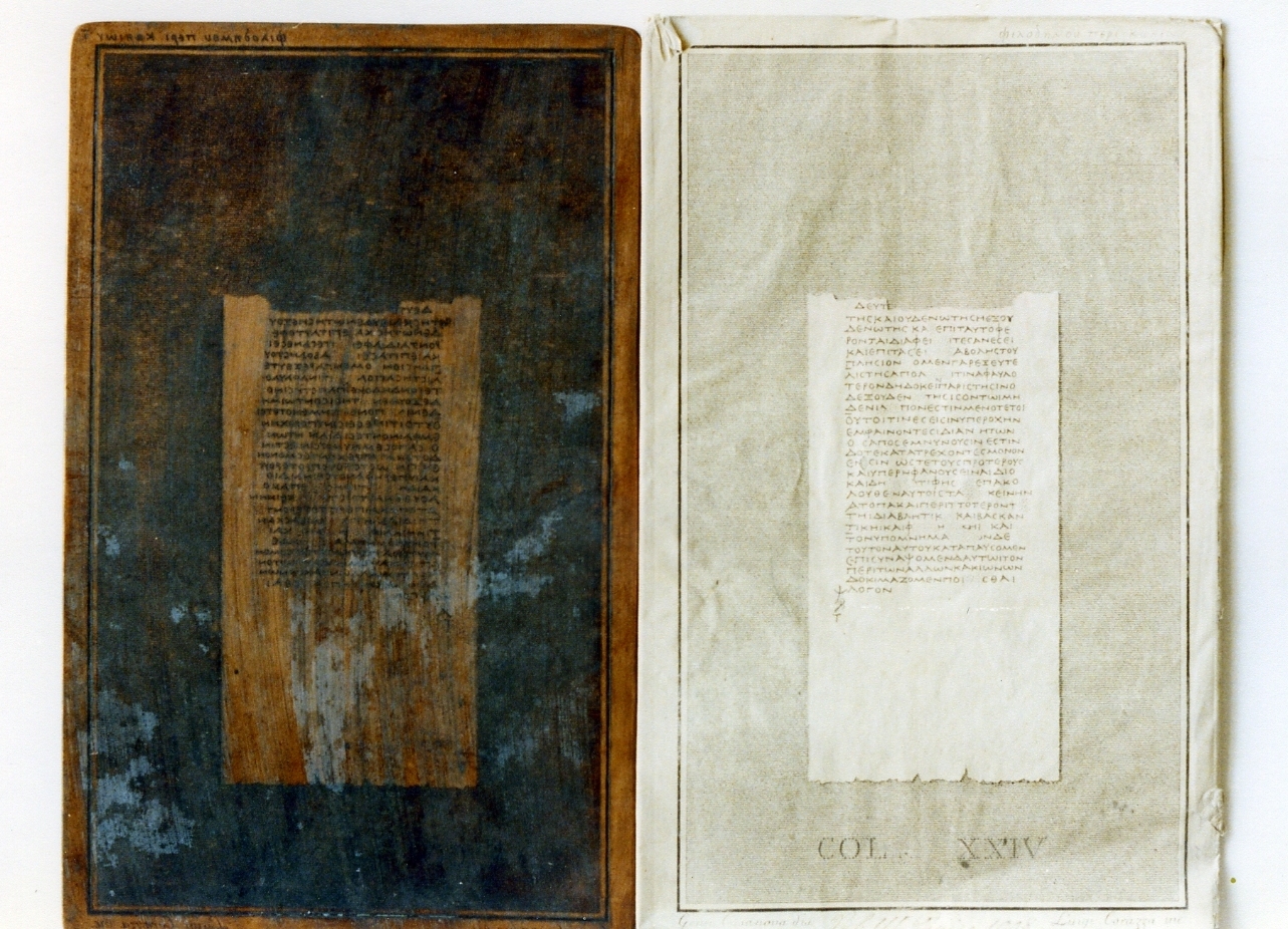 testo greco da Filodemo «dei vizi»: col. XXIV (matrice) di Corazza Luigi, Casanova Gennaro (sec. XIX)