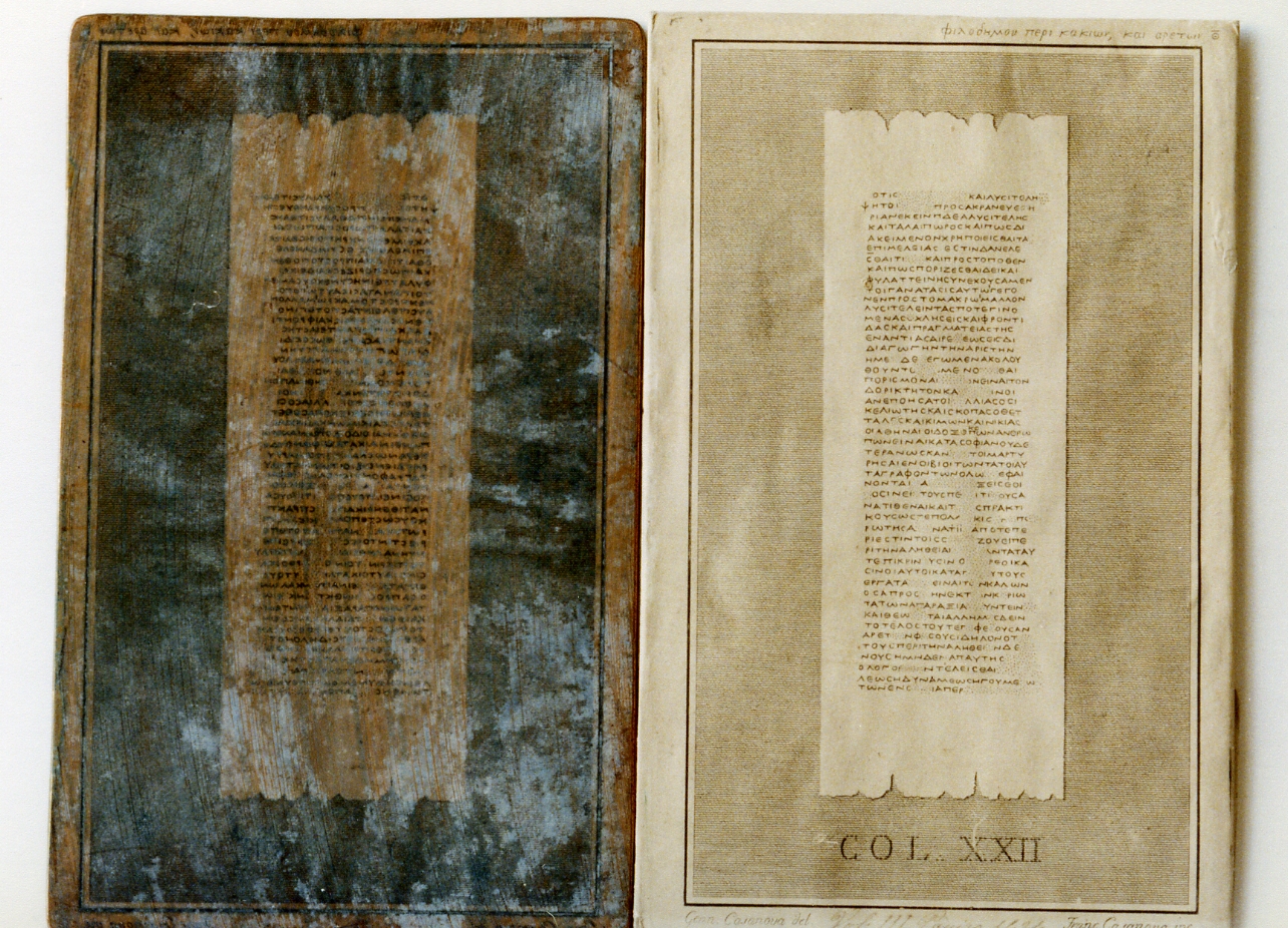 testo greco da Filodemo «dei vizi e delle virtù»: col. XXII (matrice) di Casanova Gennaro, Casanova Francesco (sec. XIX)