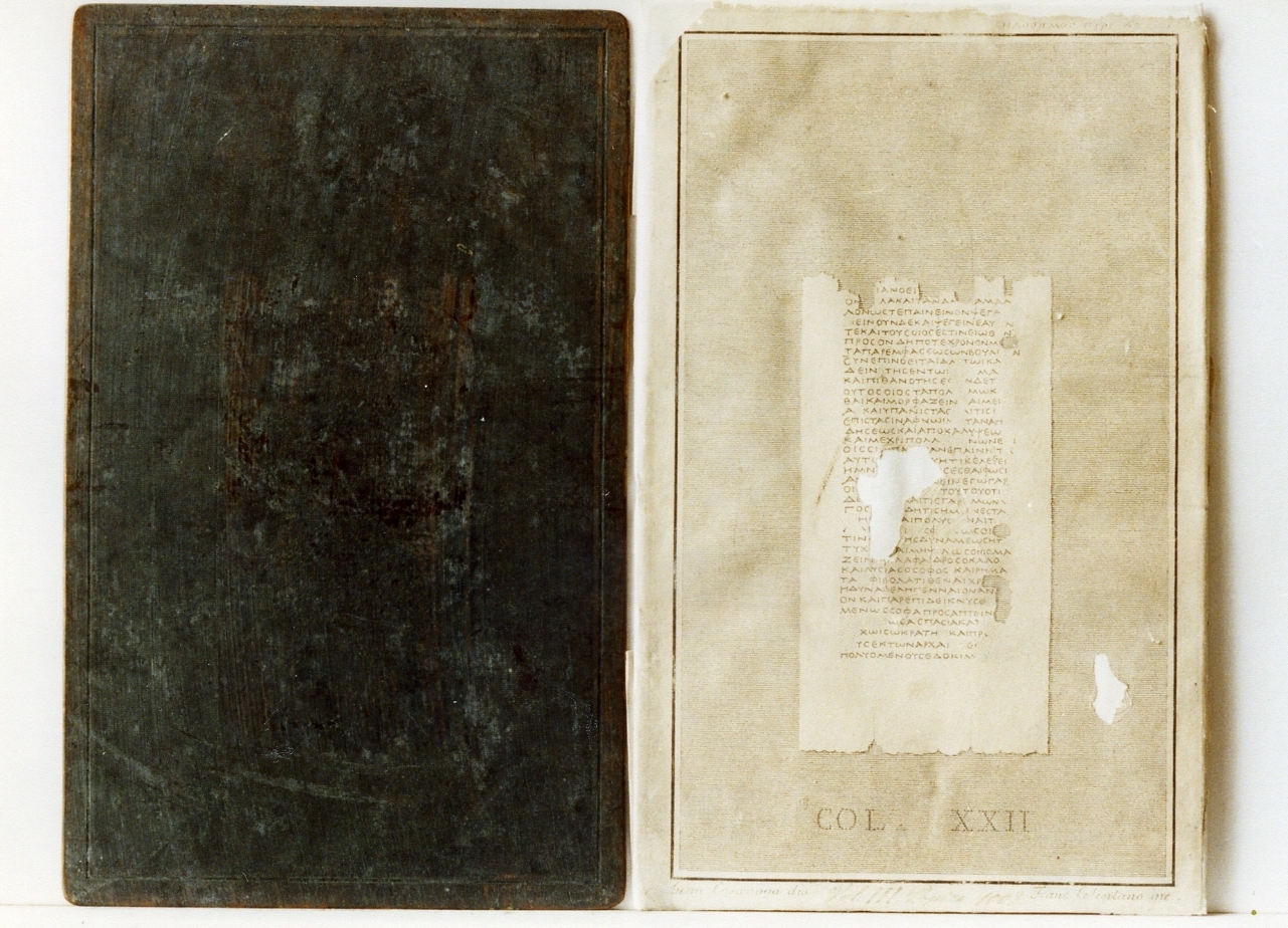 testo greco da Filodemo «dei vizi»: col. XXII (matrice) di Celentano Francesco, Casanova Gennaro (sec. XIX)