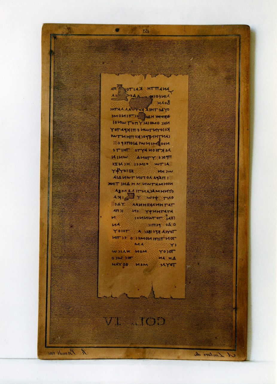 testo greco da Filodemo «dei poemi»: col. IV (matrice) di Lentari Antonio, Biondi Raffaele (sec. XIX)
