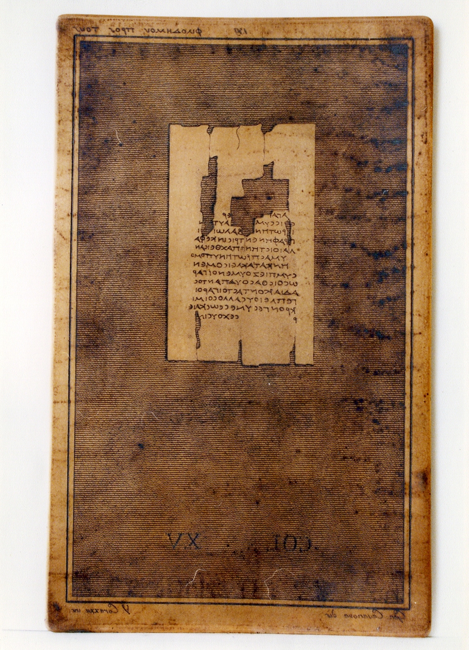 testo greco da Filodemo "agli amici di scuola": col. XV (matrice) di Corazza Vincenzo, Casanova Gennaro (sec. XIX)