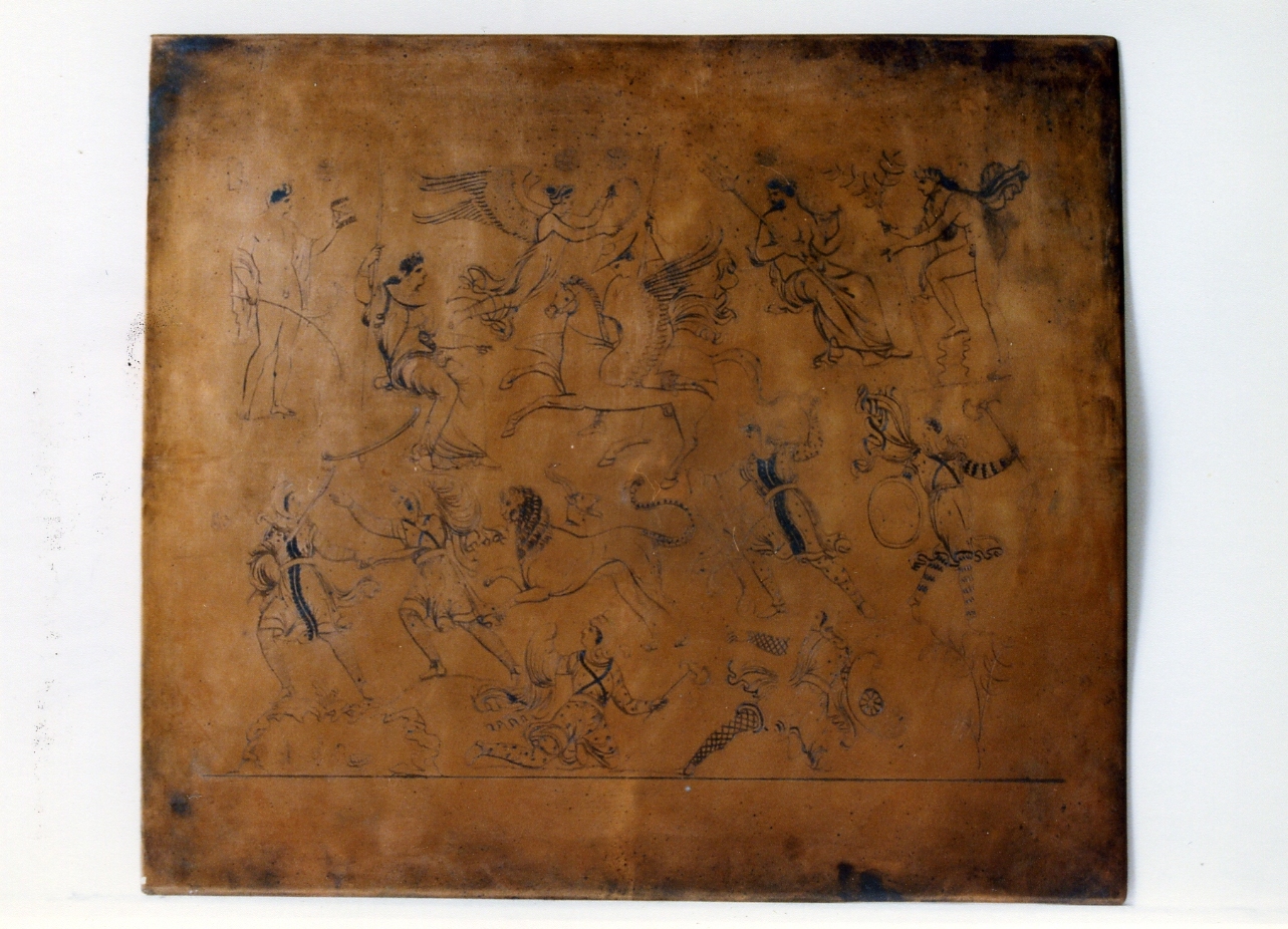decorazione di vaso con fregio con guerrieri e divinità persiane (matrice) di De Caro Giovanni, Russo Andrea (sec. XIX)