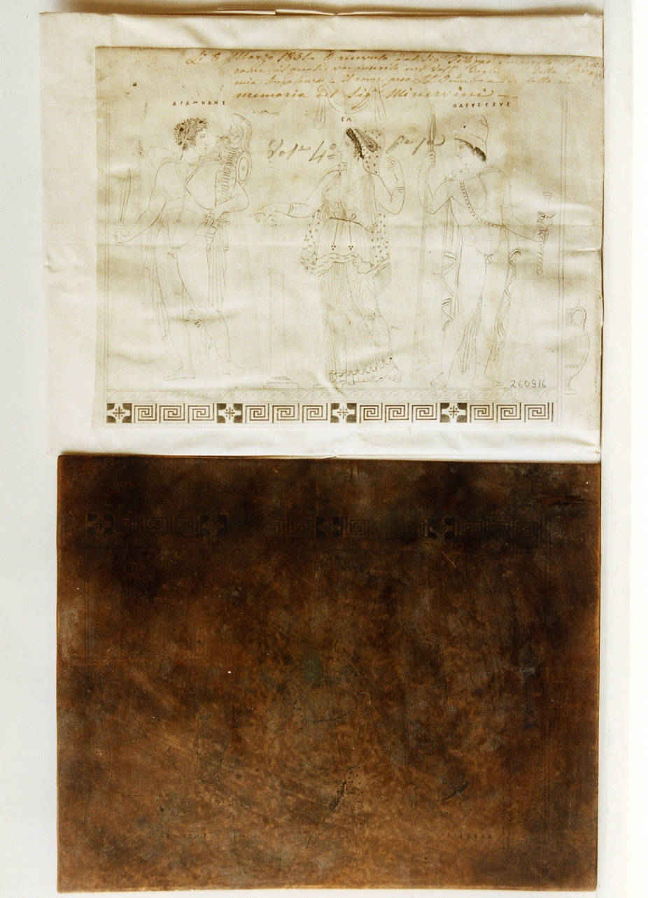 decorazione vascolare con Diomede, Era ed Odisseo e particolare con ilvaso (matrice) - ambito napoletano (sec. XIX)