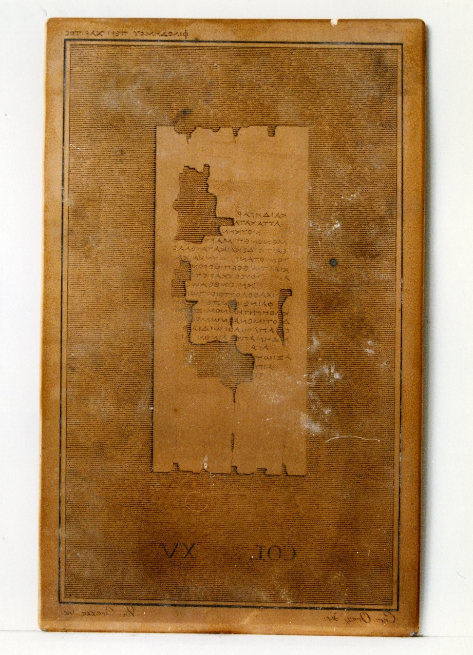 testo greco da Filodemo «della grazia»: col. XV (matrice) di Orazi Carlo, Corazza Vincenzo (sec. XIX)