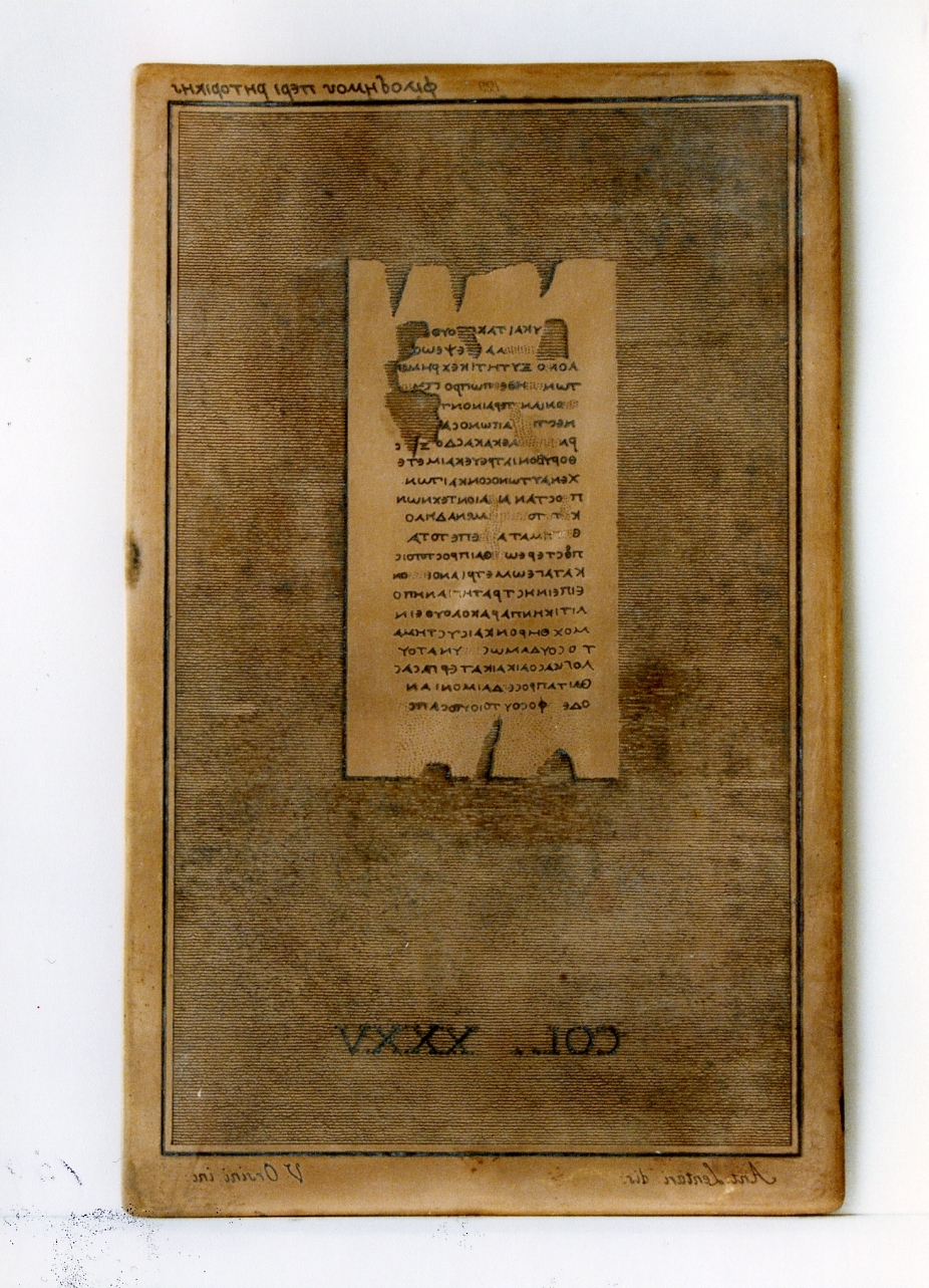 testo greco da Filodemo «della retorica»: col. XXXV (matrice) di Lentari Antonio, Orsini Vincenzo (sec. XIX)