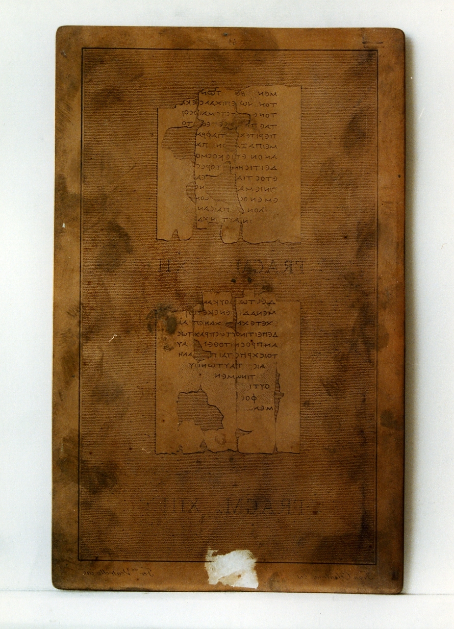 testo greco: fragm. XII, fragm. XIII (matrice) di Ventrella Ferdinando, Celentano Francesco (sec. XIX)