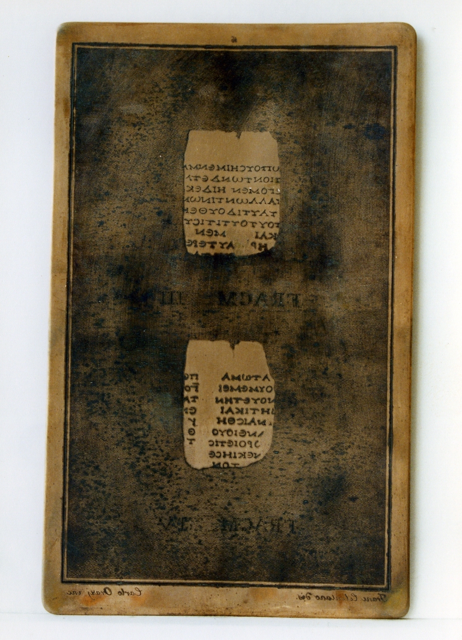 testo greco: fragm. III, fragm. IV (matrice) di Orazi Carlo, Celentano Francesco (sec. XIX)