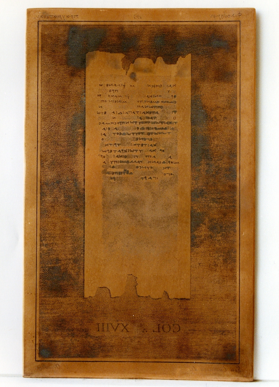 testo greco da Filodemo «memorie epicuree»: col. XVIII (matrice) di Orsini Vincenzo, Casanova Giuseppe (sec. XIX)