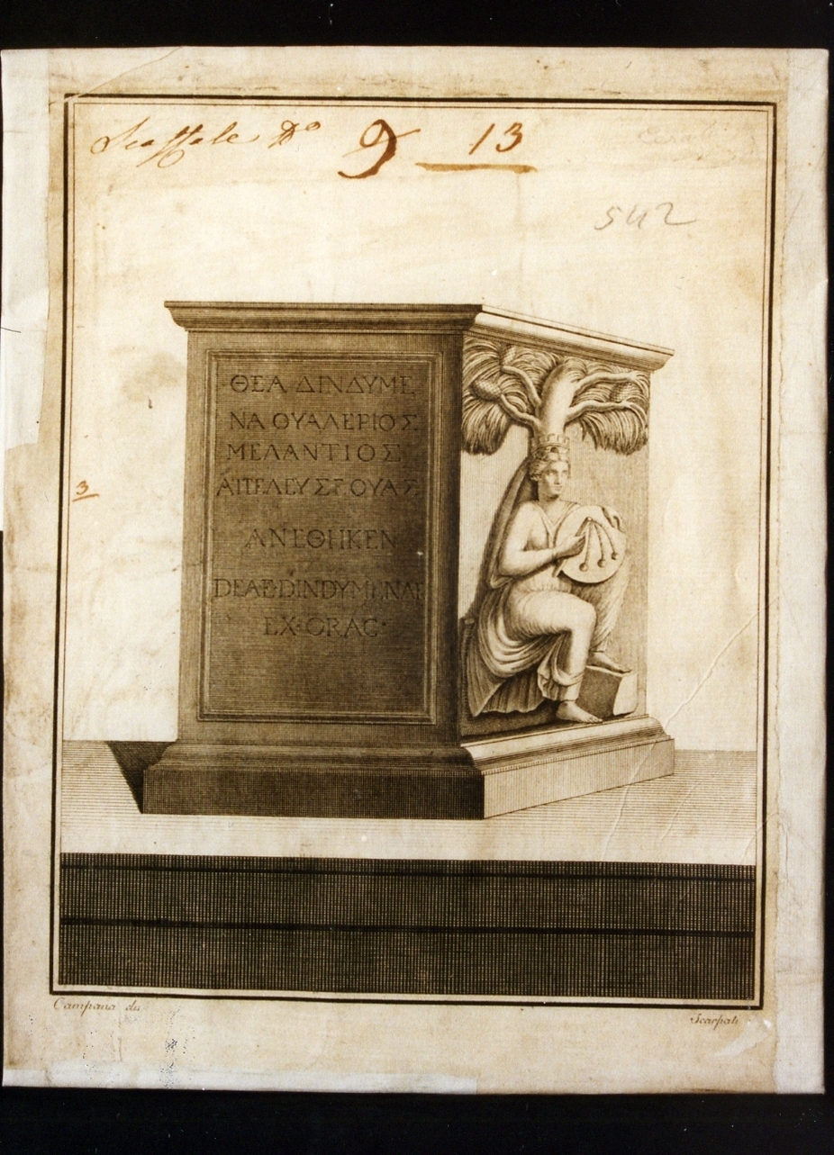 ara con figura tipo Iside-Fortuna con iscrizione greca (stampa) di Scarpati Vincenzo, Campana Vincenzo (ultimo quarto sec. XVIII)
