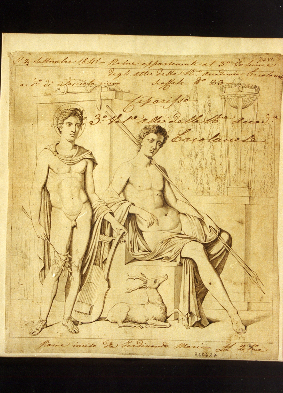 Ciparisso e giovinetto nudo con cetra (stampa controfondata smarginata) di Mori Ferdinando (sec. XIX)