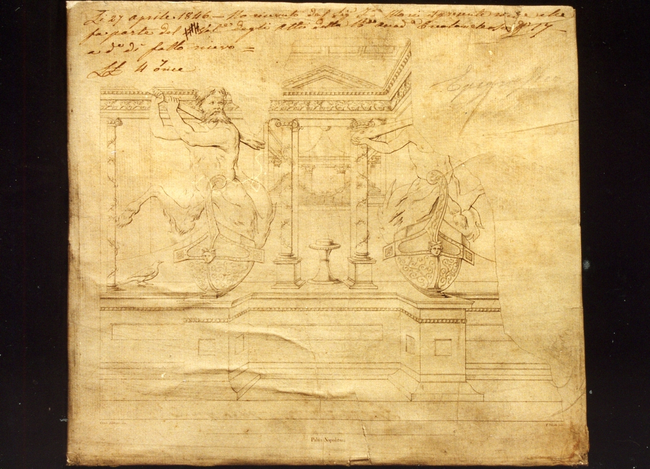 finta architettura con centauri (stampa controfondata) di Mori Ferdinando, Abbate Giuseppe (sec. XIX)