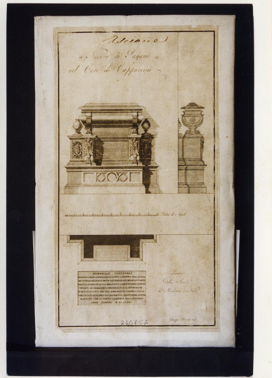 monumento sepolcrale nella Chiesa dei Cappuccini a Nocera di Pagani:veduta frontale, laterale e pianta (stampa controfondata smarginata) di Biondi Giuseppe (prima metà sec. XIX)