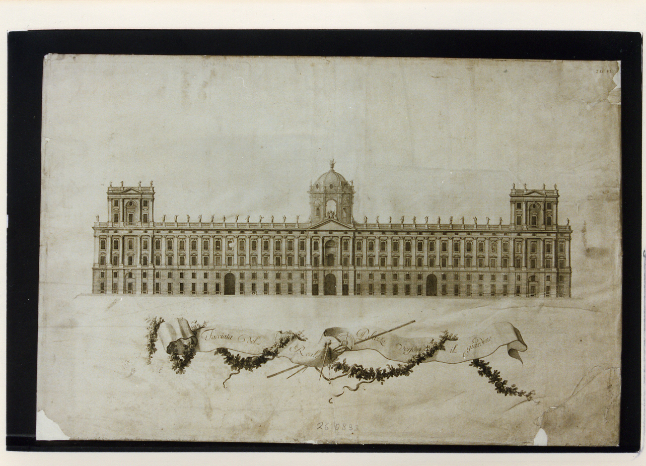 Palazzo Reale di Caserta: facciata verso il giardino  (stampa controfondata) di Vanvitelli Luigi, Pozzi Rocco (sec. XVIII)