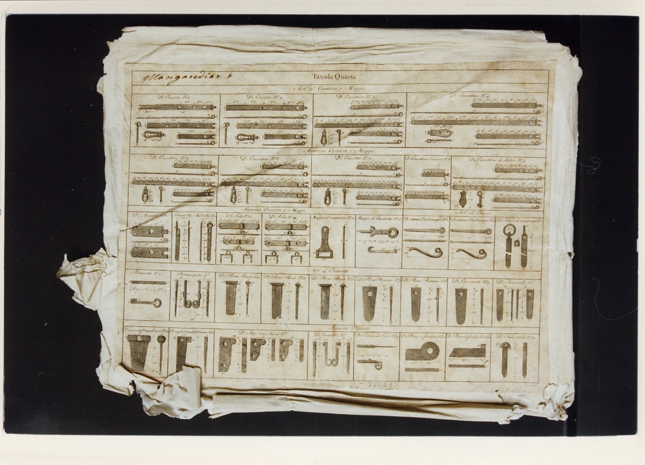 materiale di carpenteria: cerniere, mappe, chiavette (stampa controfondata smarginata) di Scarpati Vincenzo (fine/inizio secc. XVIII/ XIX)