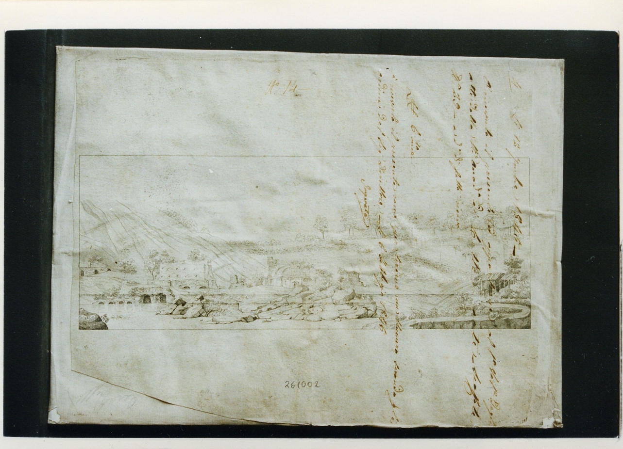 paesaggio marino con grotte e rovine (stampa controfondata smarginata) - ambito napoletano (sec. XIX)